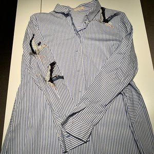 Striped Fitted Crane Appliqué Collared Shirt